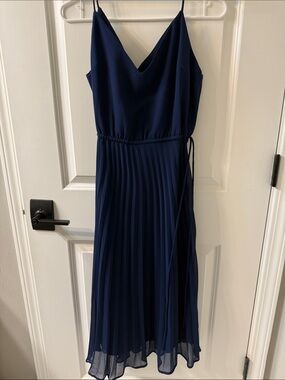 ASOS Navy V-Neck Midi Dress with Pleated Skirt